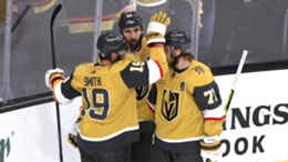 Golden Knights players celebrate a goal in Game 2 of the Stanley Cup Final