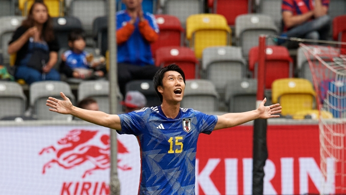 Daichi Kamada celebrates his goal against the United States