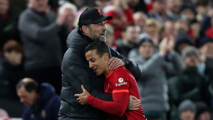 Thiago Alcantara is embraced by Jurgen Klopp