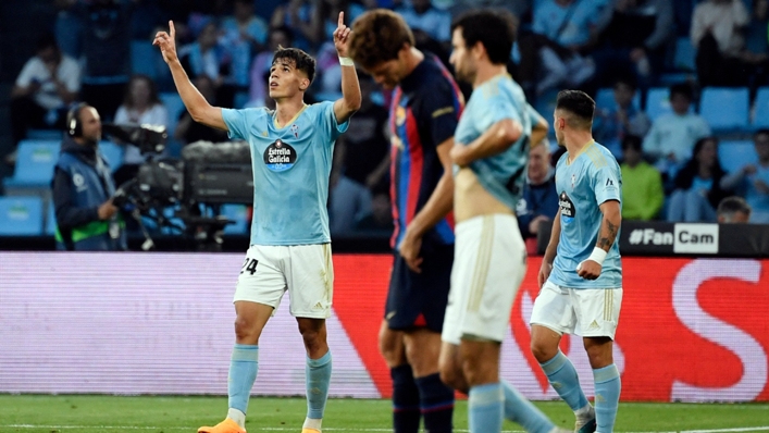 Gabri Veiga celebrates the first of his two goals against Barcelona on Sunday