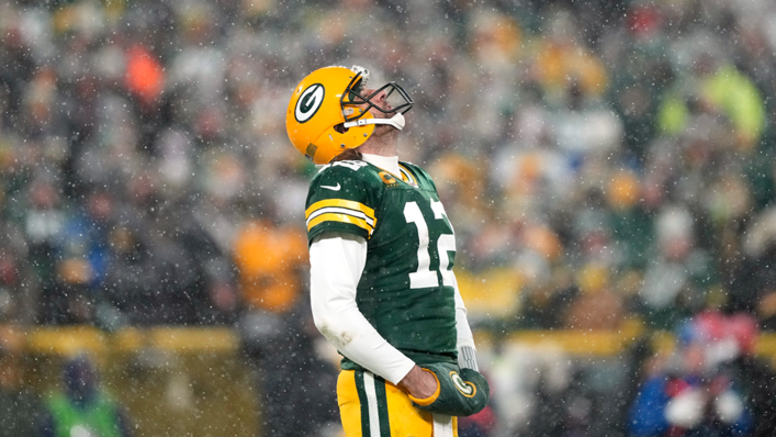 Quarterback Aaron Rodgers of the Green Bay Packers looks skyward