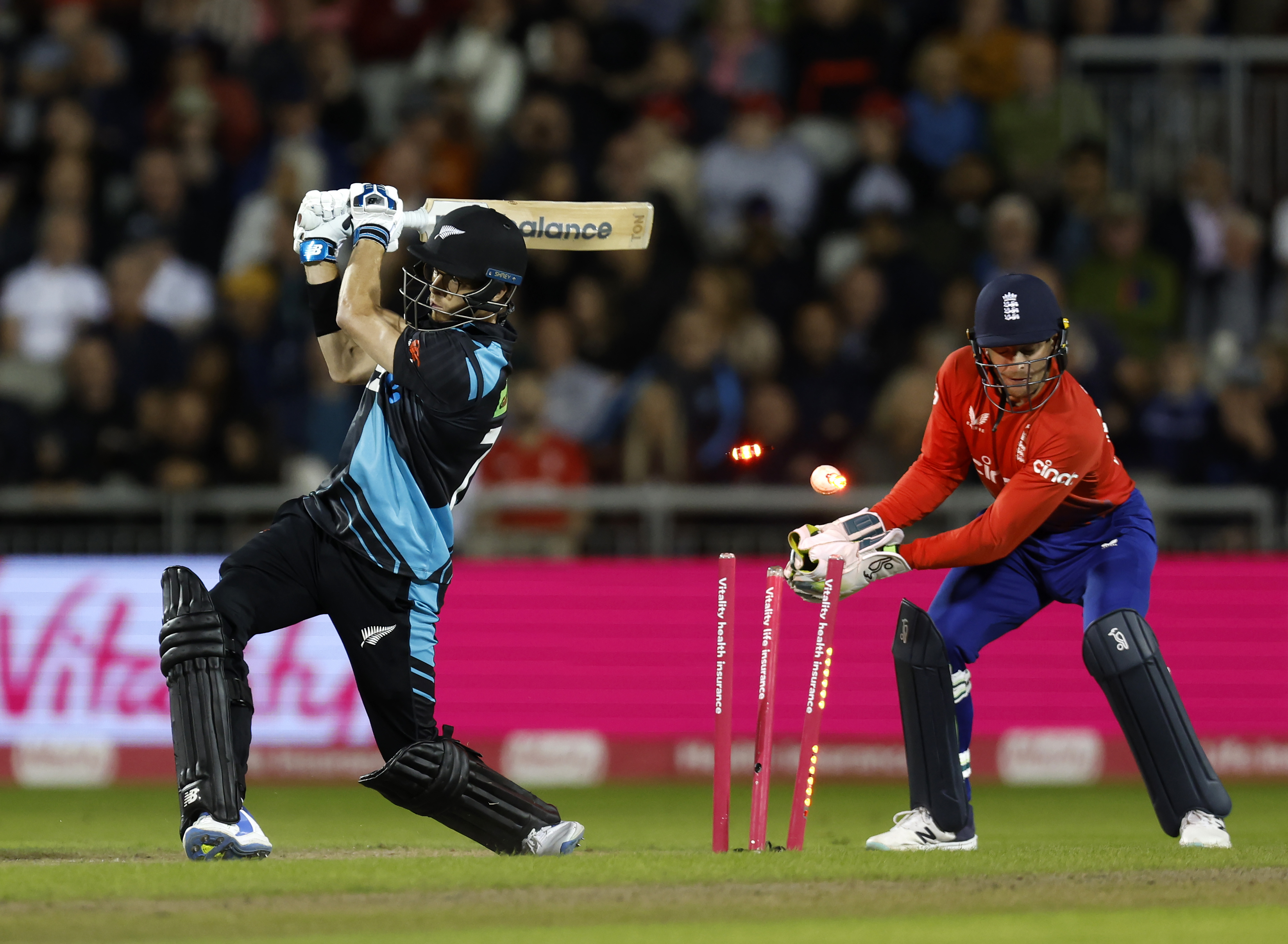 Mitchell Santner is bowled