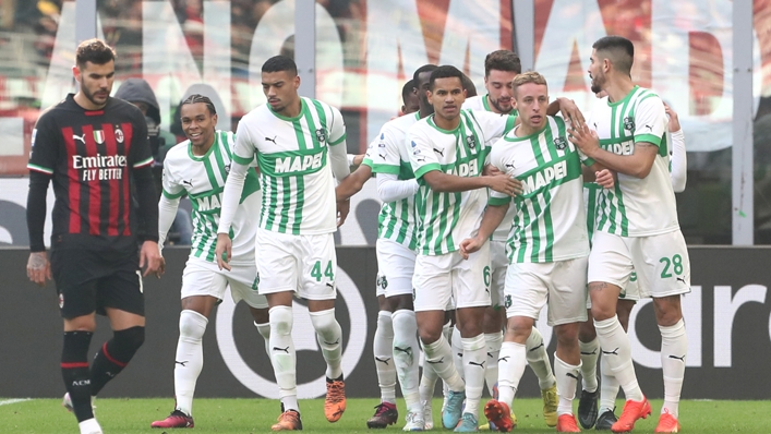 Sassuolo celebrate a goal in their thrashing of Milan at San Siro