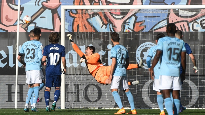 Thibaut Courtois saves an Iago Aspas free-kick during Real Madrid's win at Celta Vigo