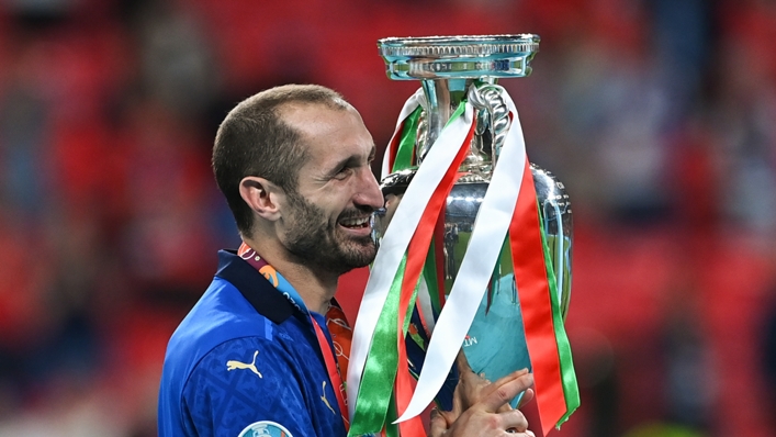Italy captain Giorgio Chiellini celebrates with the European Championship trophy