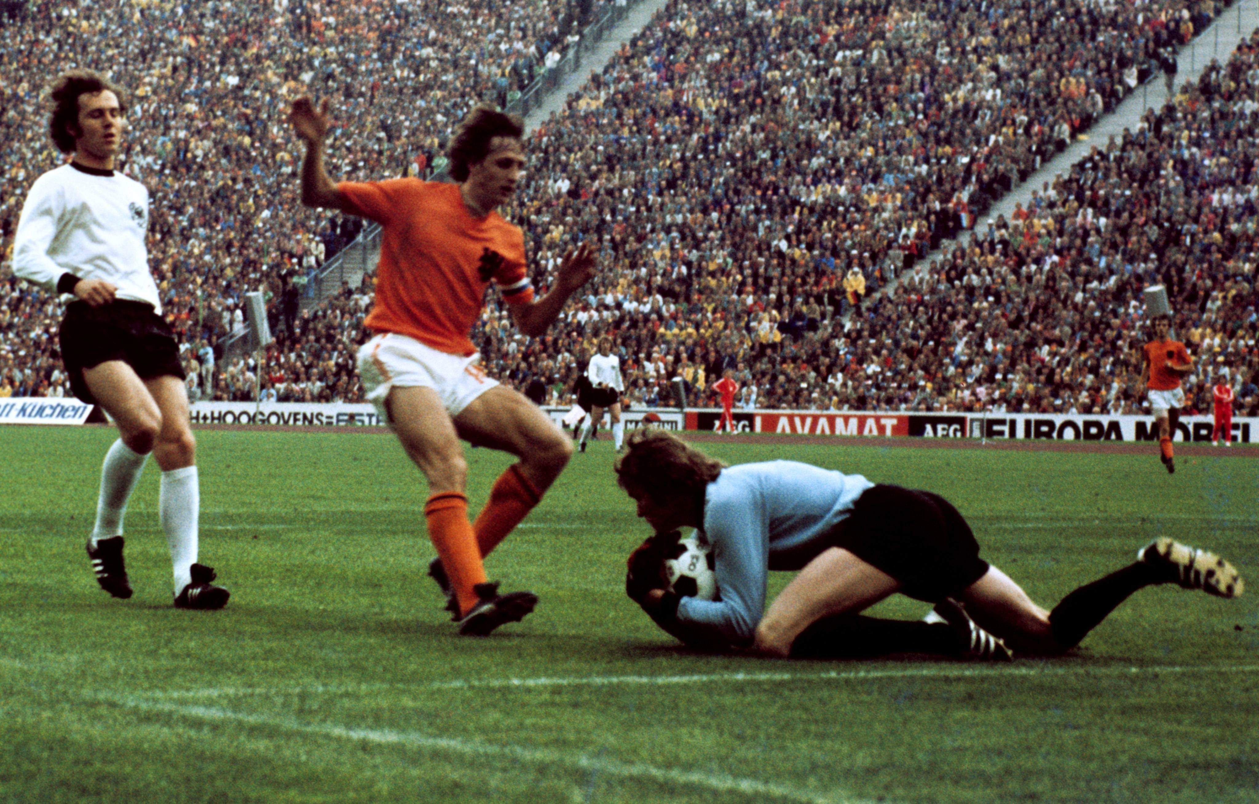 Franz Beckennauer and goalkeeper Sepp Maier shut out the threat of Johan Cruyff in the 1974 World Cup final