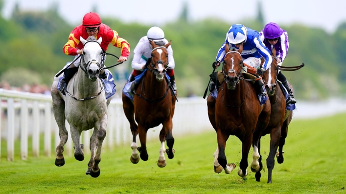 The Foxes ridden by jockey Oisin Murphy (second right, blue and white silks) on their way to winning the Al Basti Equiworld Dubai Dante Stakes on day two of the Dante Festival 2023 at York Racecourse. Picture date: Thursday May 18, 2023.