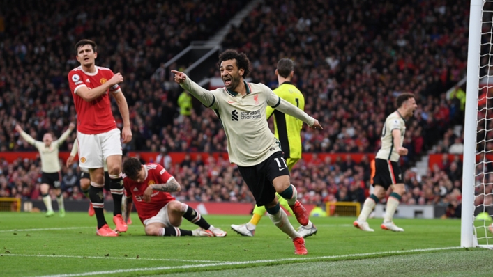 Mohamed Salah celebrates scoring Liverpool's third goal at Old Trafford