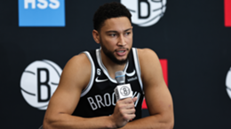 Ben Simmons speaks at the podium during a press conference at Brooklyn Nets media day