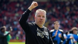 Peterborough manager Darren Ferguson celebrates his team booking a place in the play-offs (Ian Hodgson/PA)