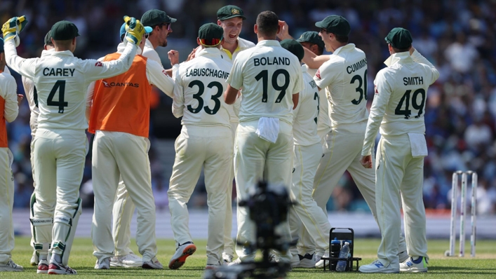 Cameron Green, rear centre, and Australia celebrate after his catch to remove Shubman Gill was upheld (Steven Paston/PA)