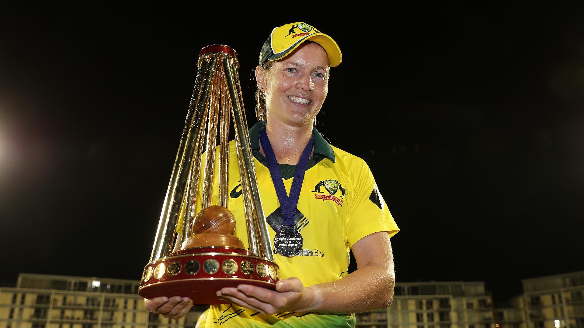 Australia’s Meg Lanning with the Womens Ashes trophy (David Davies/PA)