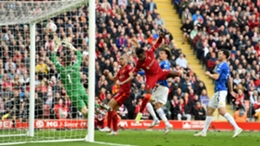 Divock Origi scoring Liverpool's second goal against Everton