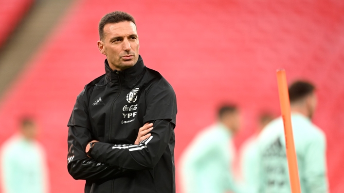 Argentina coach Lionel Scaloni watches over training at Wembley Stadium on Tuesday