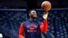 Zion Williamson on the court before a Pelicans game back in March