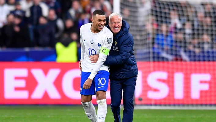 Kylian Mbappe and Didier Deschamps celebrate after Friday's 4-0 victory for France against the Netherlands