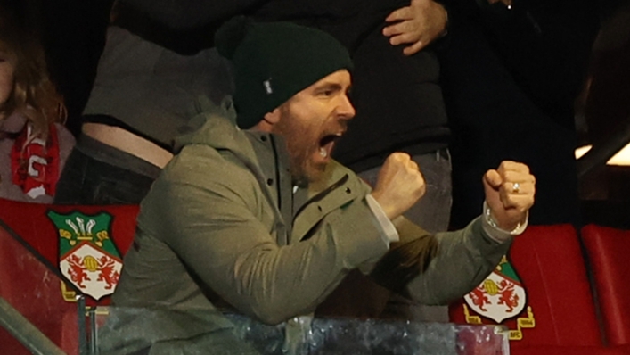 Ryan Reynolds celebrates Wrexham's third goal