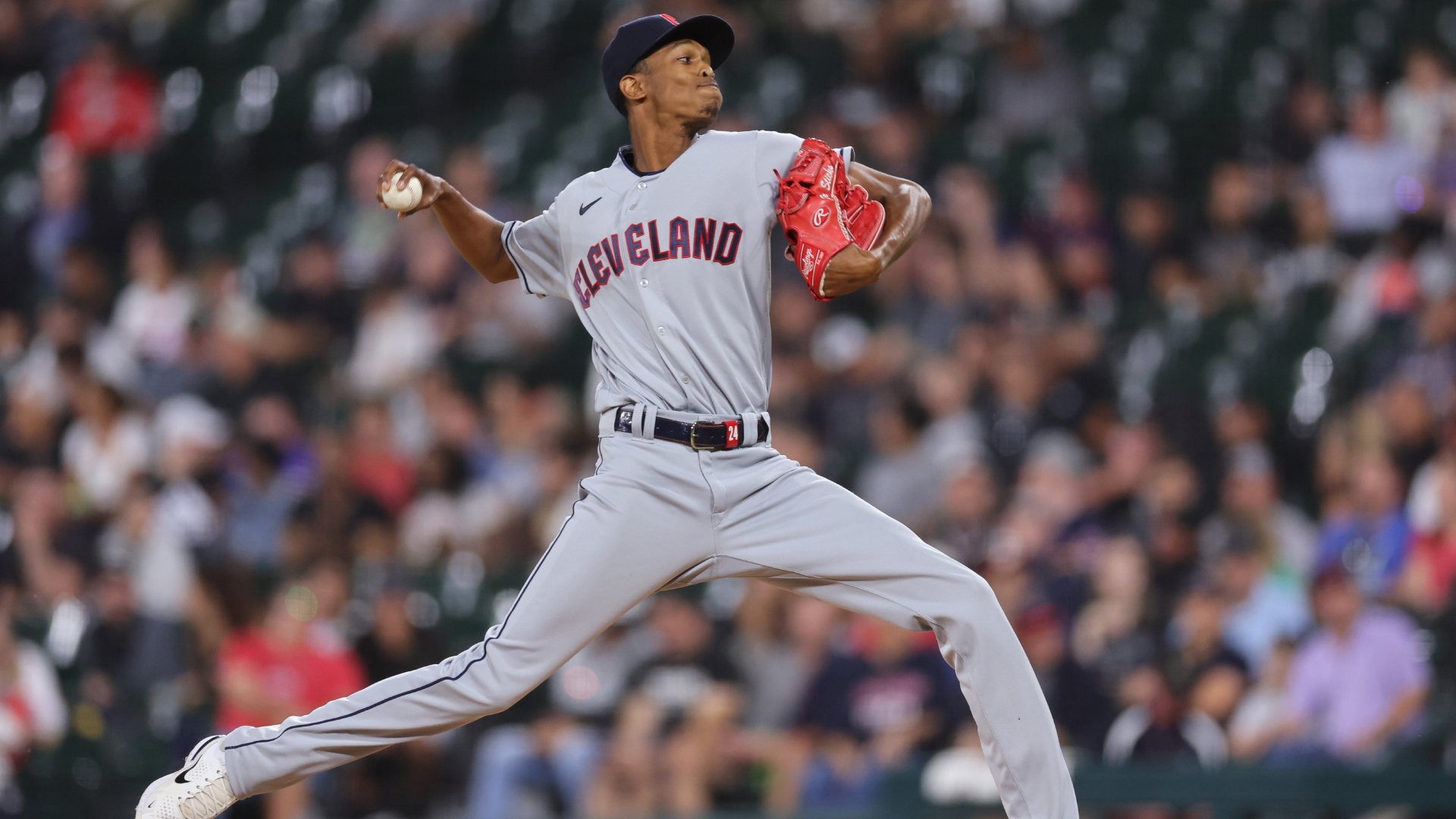 Lanky Guardians pitcher Triston McKenzie working on the mound against the White Sox