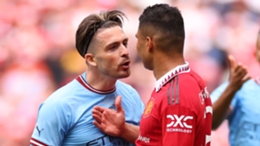 Jack Grealish faces off with Casemiro in the FA Cup final