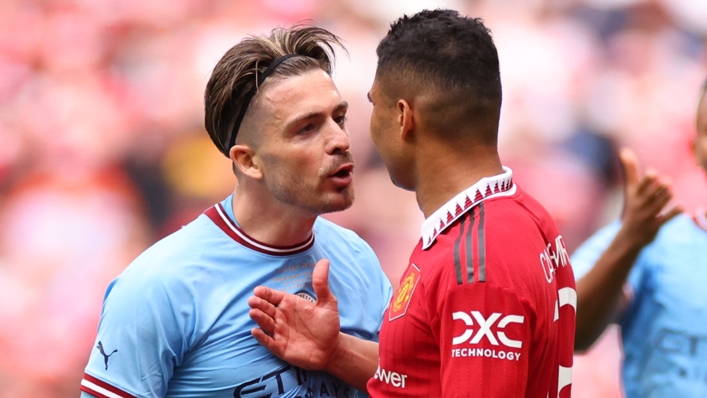 Jack Grealish faces off with Casemiro in the FA Cup final