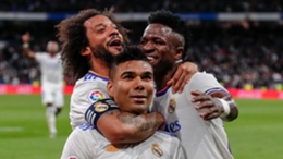Real Madrid's Marcelo, Casemiro and Vinicius Junior (L-R) could all face Liverpool