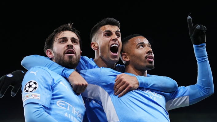 Bernardo Silva, Joao Cancelo and Gabriel Jesus celebrate Man City's winner