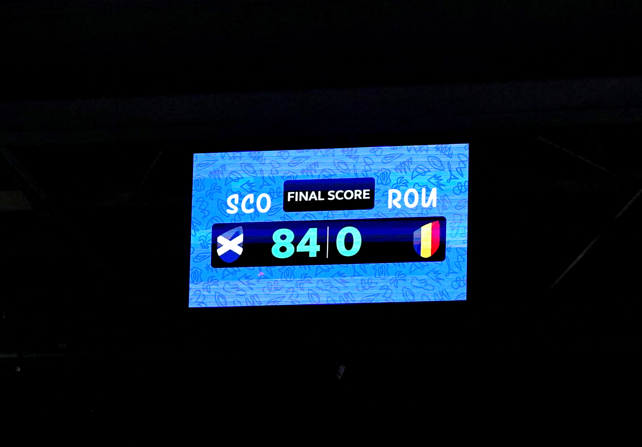 The final score is displayed on screen after Scotland's 84-0 win over Romania
