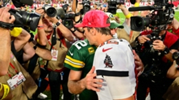 Aaron Rodgers and Tom Brady shake hands after the Packers' narrow 14-12 win