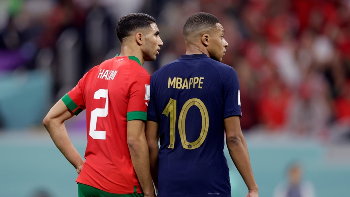 Achraf Hakimi (L) and Kylian Mbappe (R) faced off as Morocco took on France in the World Cup semi-finals