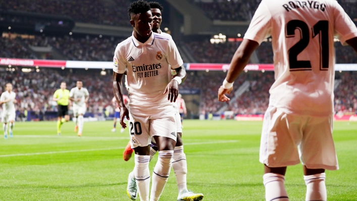 Vinicius Junior celebrates Rodrygo's goal in Real Madrid's win at Atletico Madrid earlier this season