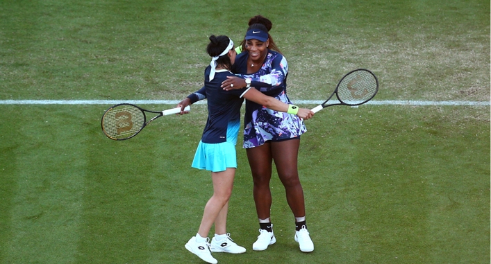Serena Williams (R) and Ons Jabeur (L) celebrate winning at Eastbourne
