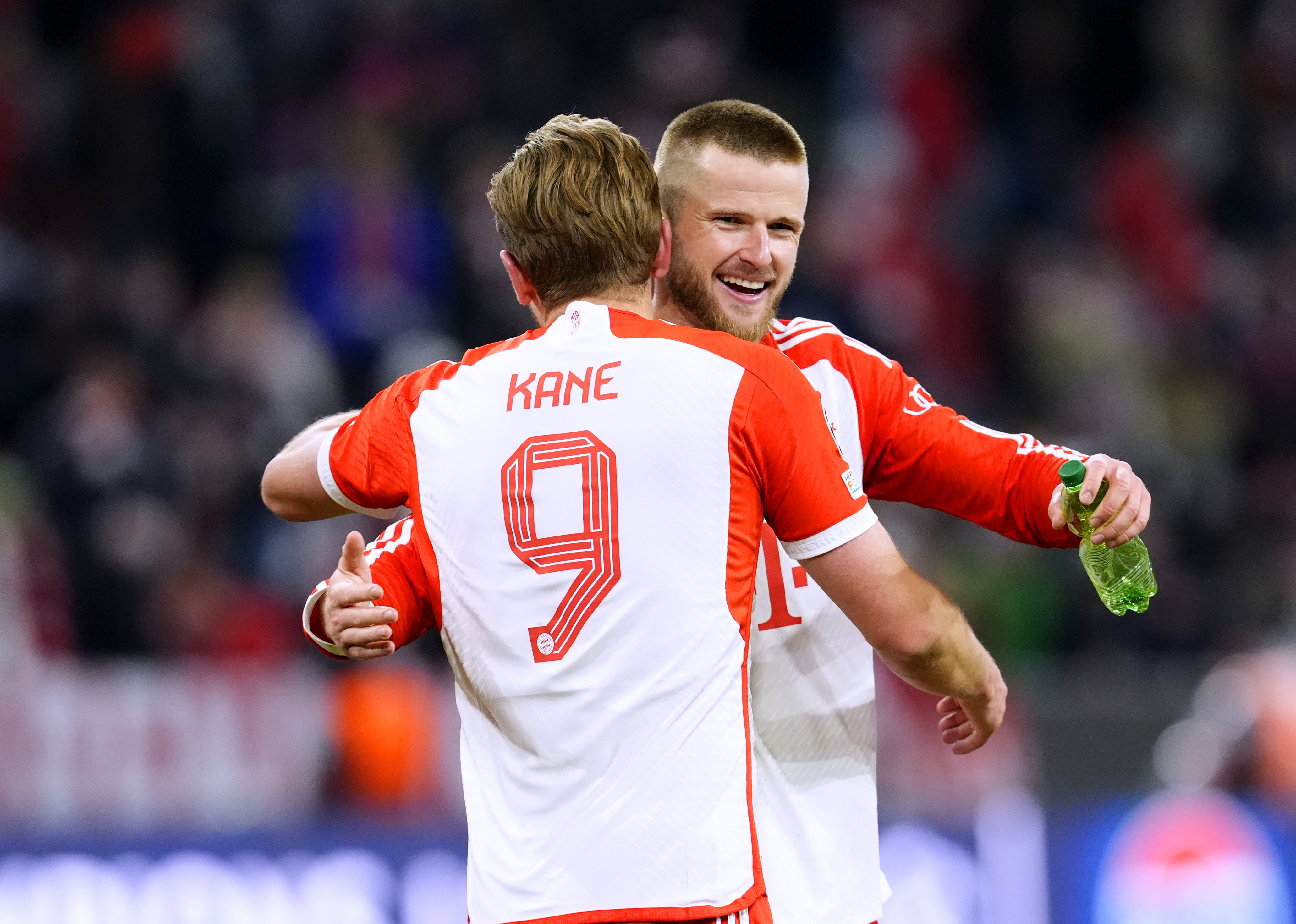 Bayern Munich’s Harry Kane celebrates with team-mate Eric Dier at the end of the Champions League quarter-final, second leg victory over Arsenal