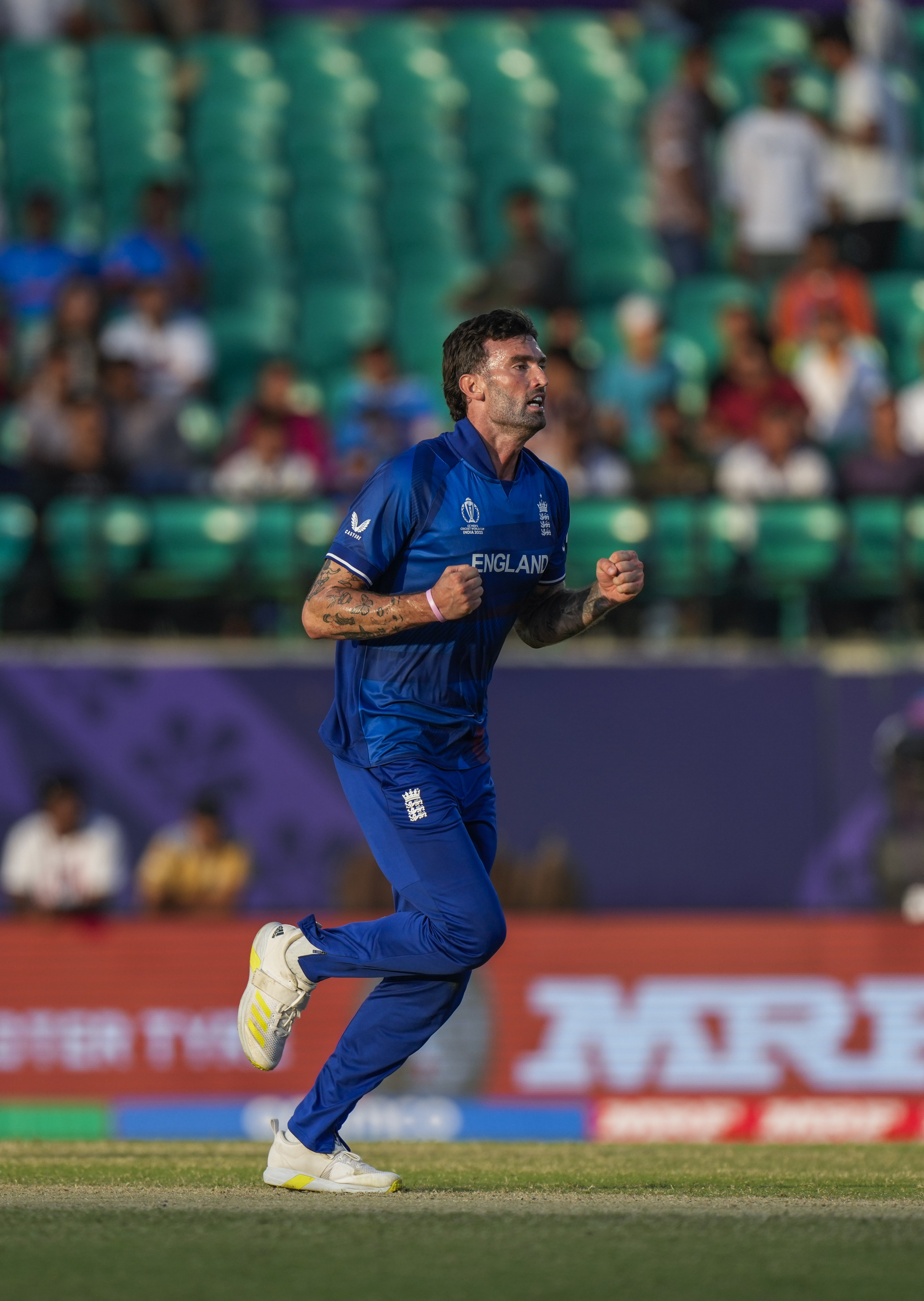 Reece Topley celebrates the wicket of Mushfiqur Rahim