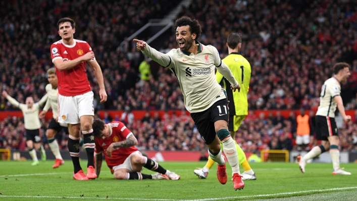 Liverpool's Mohamed Salah celebrates one of his hat-trick goals against Manchester United