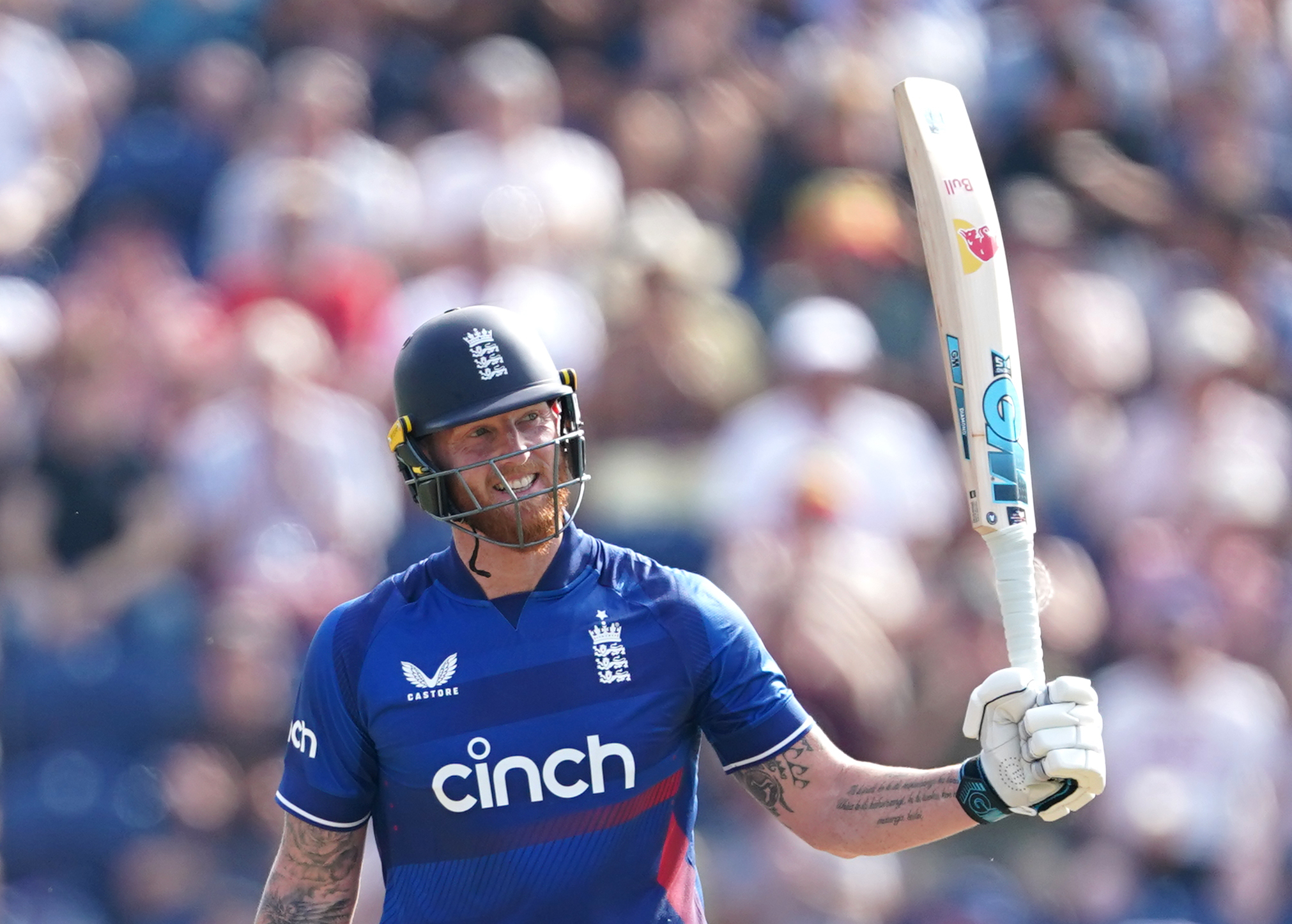 Ben Stokes celebrates making a half-century on his return to ODI duty