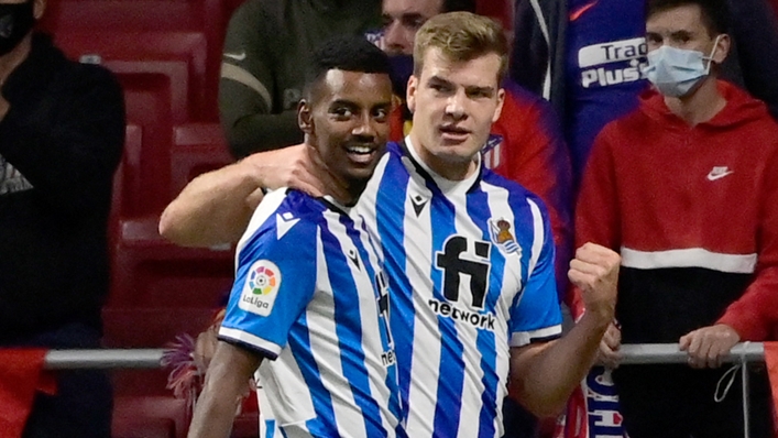 Real Sociedad pair Alexander Isak and Alexander Sorloth celebrate a goal against Atletico Madrid