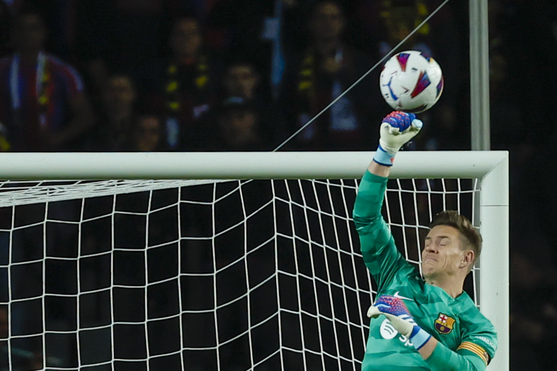 Barcelona’s goalkeeper Marc-Andre ter Stegen makes a save