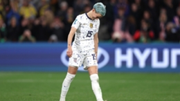 Megan Rapinoe reacts after missing her penalty in the United States' shoot-out defeat to Sweden at the Women's World Cup
