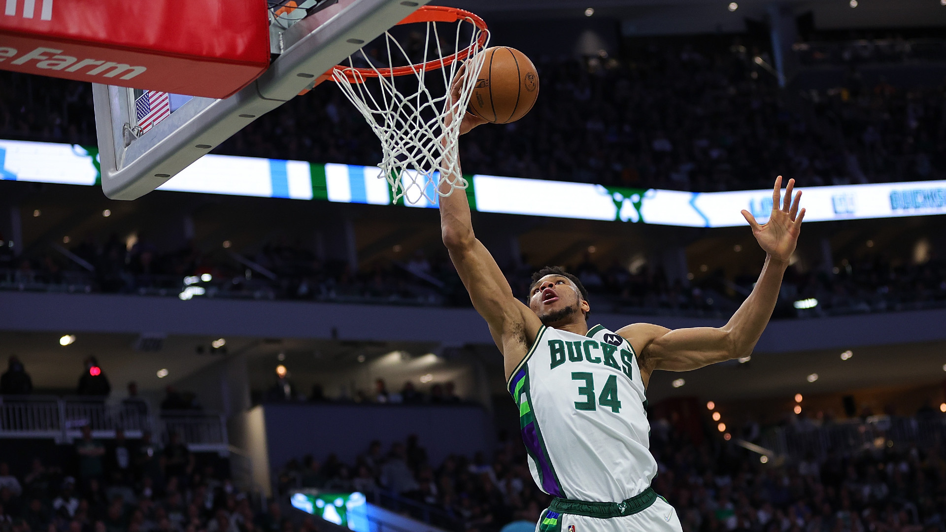 Giannis Antetokounmpo drives to the basket for the Milwaukee Bucks