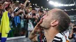 Giorgio Chiellini blows a kiss to the adoring Juventus fans after his final home game with the club