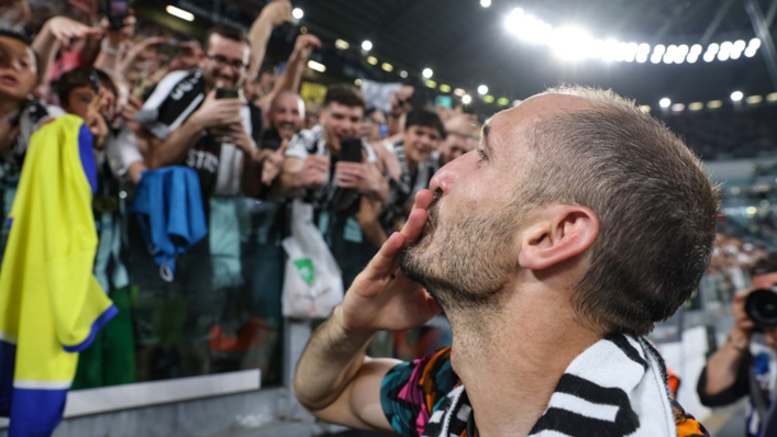 Giorgio Chiellini blows a kiss to the adoring Juventus fans after his final home game with the club