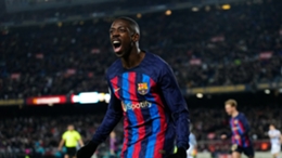Ousmane Dembele celebrates scoring for Barcelona against Real Sociedad in the Copa del Rey
