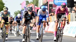 Alberto Dainese, second from left, won stage 17 of the Giro d’Italia in a photo finish (Massimo Paolone/AP)