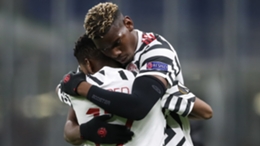 Paul Pogba is congratulated after scoring for Manchester United away against Milan.