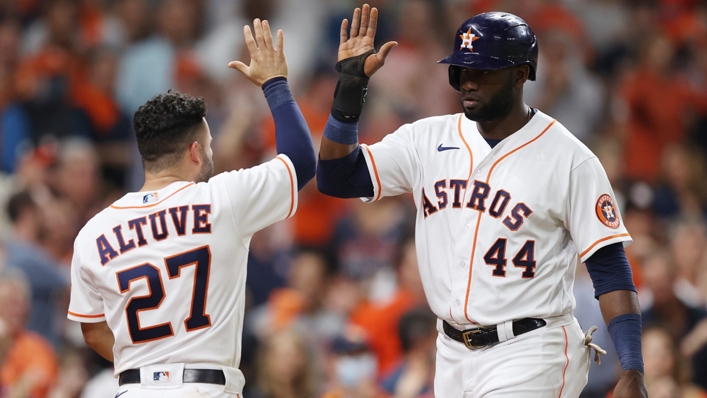 Houston Astros star Yordan Alvarez (R) celebrates with team-mate Jose Altuve