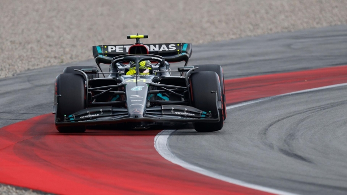 Mercedes driver Lewis Hamilton of Britain steers his car through a curve during the third practice session for Sunday’s Spanish Formula One Grand Prix, at the Barcelona Catalunya racetrack in Montmelo, Spain, Saturday, June 3, 2023. (AP Photo/Joan Monf...