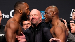 Leon Edwards (L) and Kamaru Usman (R) face off ahead of their UFC 286 bout