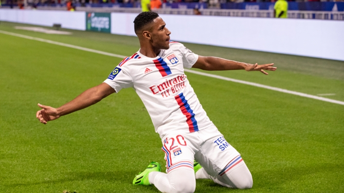 Tete celebrates scoring for Lyon against Ajaccio in Ligue 1