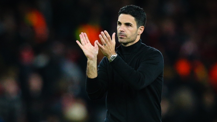 Mikel Arteta applauds Arsenal's supporters following Thursday's win over PSV