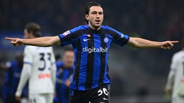 Inter's Matteo Darmian celebrates his winner against Atalanta